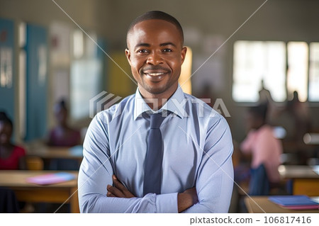 Portrait of smiling male African American teacher in a class at elementary school looking at camera. Portrait of smiling male African American teacher in a class at elementary school looking at camera. 106817416