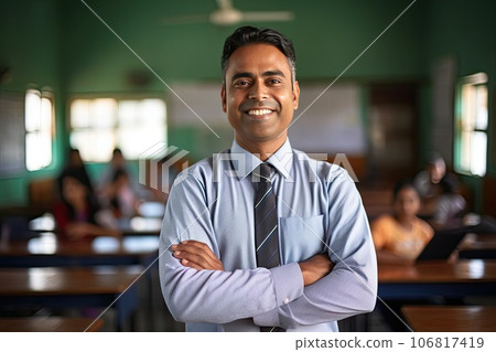 Portrait of smiling male Indian teacher in a class at elementary school looking at camera. Portrait of smiling male Indian teacher in a class at elementary school looking at camera. 106817419