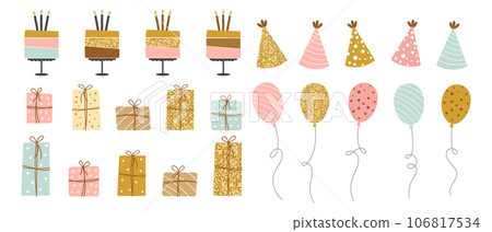 Happy birthday party elements collection. Cakes, balloons, gift boxes and party hats. Festive set in a simple style, decorative elements. Vector 106817534