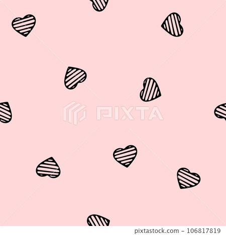 Hand Drawn Seamless Patterns with Hearts in Doodle Style. Romantic Love Digital Paper for Valentines Day. Black Hearts on Pale Pink Background. 106817819