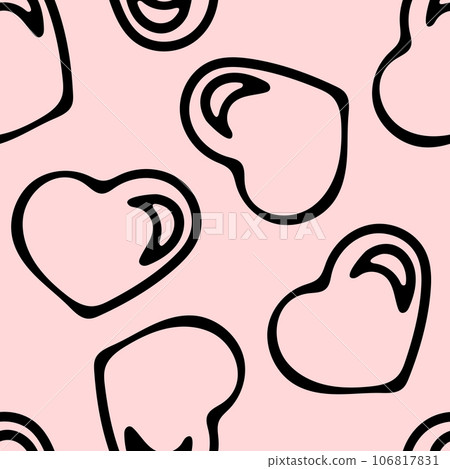 Hand Drawn Seamless Patterns with Hearts in Doodle Style. Romantic Love Digital Paper for Valentines Day. Black Hearts on Pale Pink Background. 106817831