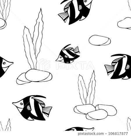 Hand Drawn Black and White Fish Background. Hand Drawn Black and White Fish Background. 106817877