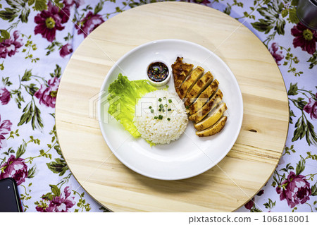 Grilled Chicken Breast with Rice On The Table, Backgrounds for advertisements and wallpapers in food and cooking scenes. Actual images in decorating ideas. 106818001
