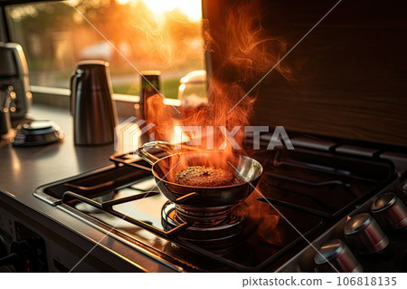 Morning coffee on the stove in a motorhome in the morning sun. Morning coffee on the stove in a motorhome in the morning sun. 106818135