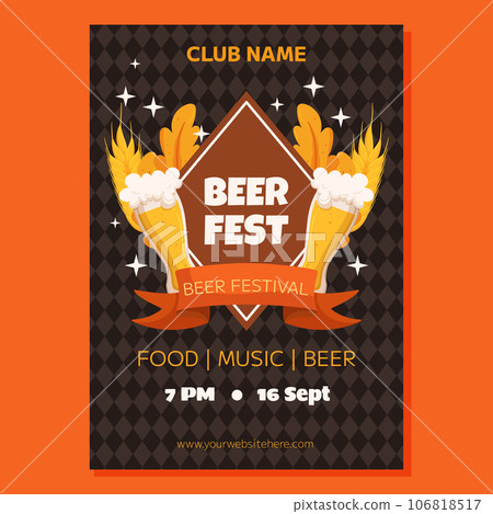 Beer festival poster template. Design with glass of beer, wheat and leaves, banner ribbon. Rhombus pattern on back 106818517