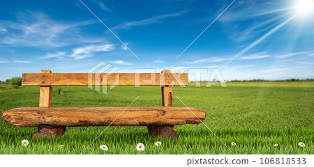 Empty Wooden Bench made of Tree Trunks on a Countryside Landscape Empty Wooden Bench made of Tree Trunks on a Countryside Landscape 106818533