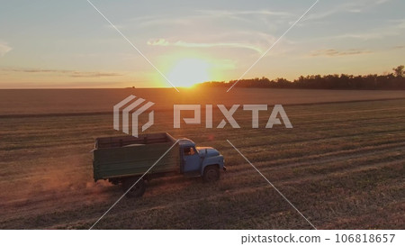 agriculture. retro truck carries a wheat grain harvested across the field at sunset. business agriculture concept. retro truck in agriculture carries harvested wheat. agriculture wheat concept sun agriculture. retro truck carries a wheat grain harvested across the field at sunset. business agriculture concept. retro truck in agriculture carries harvested wheat. agriculture wheat concept sun 106818657