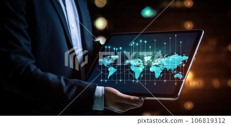 Businessman holding a tablet with a world map. Shadow economy and shadow deals concept. 106819312