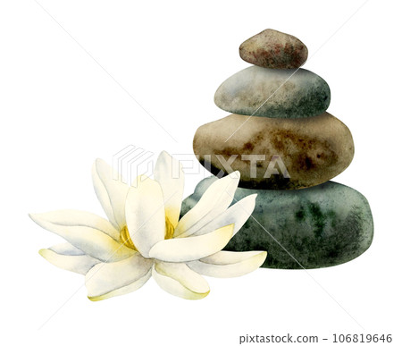 Watercolor lotus flower and balanced stones pyramid realistic illustration for yoga ans spa centers, natural cosmetics and health care Watercolor lotus flower and balanced stones pyramid realistic illustration for yoga ans spa centers, natural cosmetics and health care 106819646