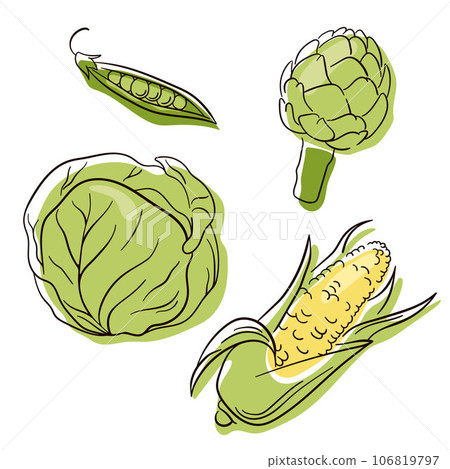 Vegetable set in line art style. Food collection for restaurants, menu, posters and grocery bags. Corn, cabbage, peas, artichoke. Vector illustration isolated on a white background. 106819797