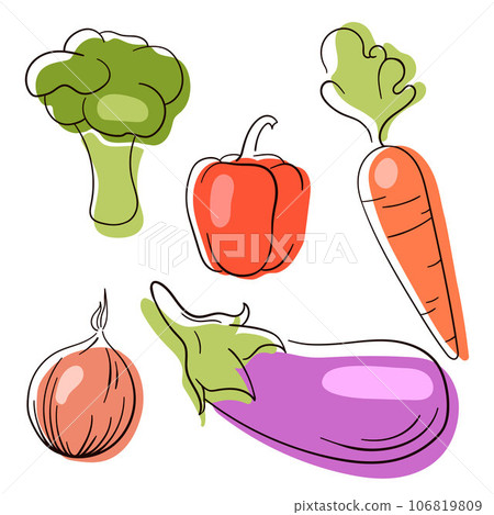 Set of hand drawn vegetables. Vegetables sketch collection in line art style. Eggplant, pepper, onion, broccoli, carrot. Vector illustration isolated on a white background. 106819809
