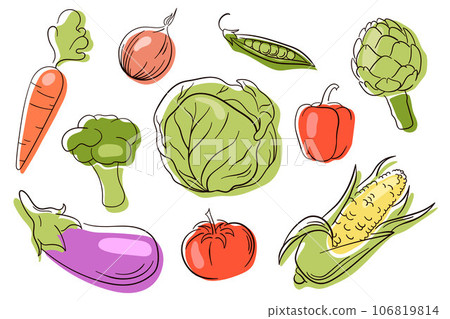 Vector vegetables icons set in line art style. Collection farm product. Flat icons of eggpant, artichoke, corn, cabbage. Vegetarian healthy food. 106819814