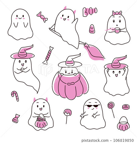 Halloween pink ghosts collection in doodle style. Happy halloween spooky characters, funny and scary creature with pumpkin. Vector illustration isolated on a white background. 106819850