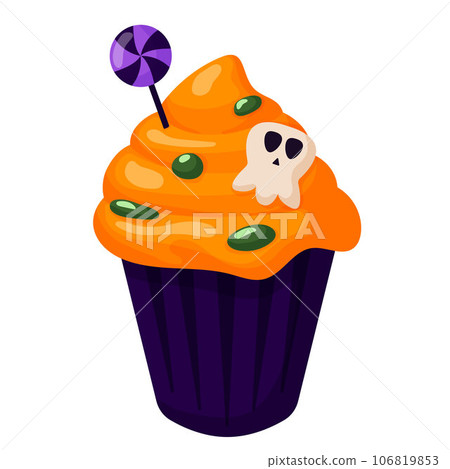 Halloween cupcake with skull, candies and orange icing. Cartoon style. Happy halloween, scary sweets. Vector illustration isolated on white a background. Halloween cupcake with skull, candies and orange icing. Cartoon style. Happy halloween, scary sweets. Vector illustration isolated on white a background. 106819853
