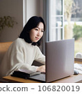 A woman operating a computer during remote work 106820019