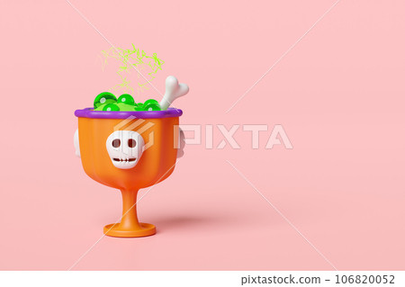 3d happy halloween party with magic cup, skeleton, skull, thunder isolated on pink background. 3d render illustration 3d happy halloween party with magic cup, skeleton, skull, thunder isolated on pink background. 3d render illustration 106820052