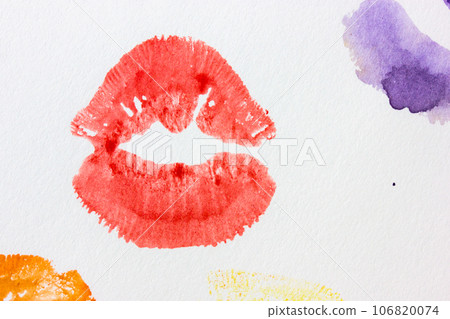 Set of multicolored female lip prints on white paper background top view. Kisses flatly. Lipstick prints, marks. Femininity, flirt, love concept. World Kissing Day. Valentine's Day. Lovely backdrop. Set of multicolored female lip prints on white paper background top view. Kisses flatly. Lipstick prints, marks. Femininity, flirt, love concept. World Kissing Day. Valentine's Day. Lovely backdrop. 106820074