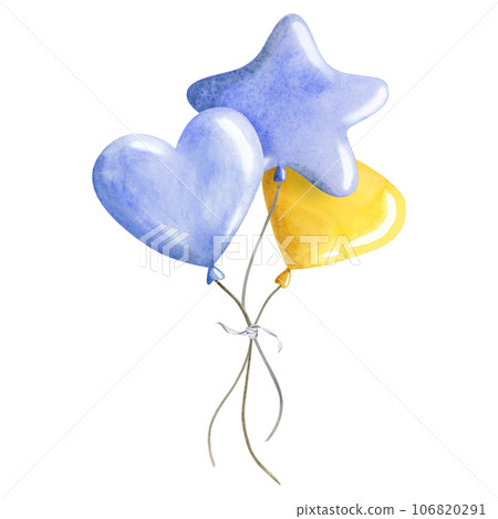 Pastel blue and yellow air balloons for boys birthday party watercolor illustration isolated on white background. Hand drawn clipart for happy birthday greeting cards and invitations 106820291