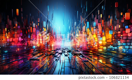 Abstract image of metropolis street, glitch effect, rainbow colors, infinity concept 106821134