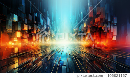 Abstract image of metropolis street, glitch effect, rainbow colors, infinity concept 106821167