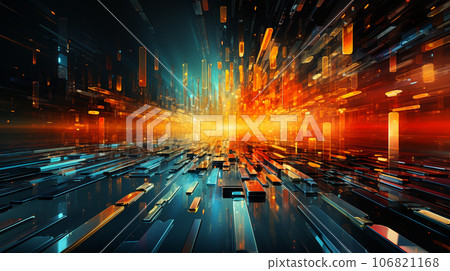 Abstract image of metropolis street, glitch effect, rainbow colors, infinity concept 106821168
