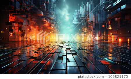 Abstract image of metropolis street, glitch effect, rainbow colors, infinity concept 106821170