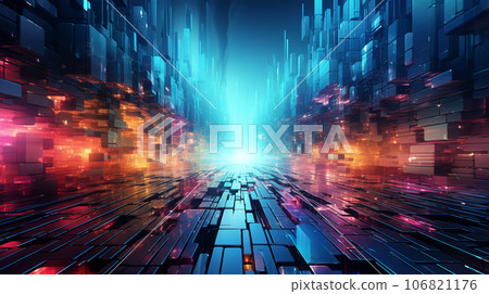 Abstract image of metropolis street, glitch effect, rainbow colors, infinity concept 106821176