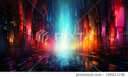 Abstract image of metropolis street, glitch effect, rainbow colors, infinity concept 106821196