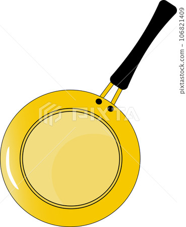 Yellow fry pan used for cooking in the kitchen with the black handle. Yellow fry pan used for cooking in the kitchen with the black handle. 106821409