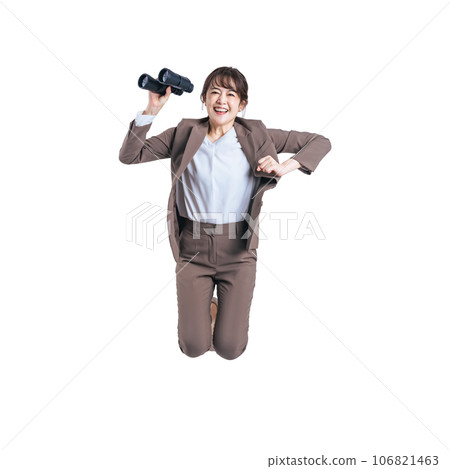 Middle-aged woman jumping with binoculars background transparent cutout PNG 106821463