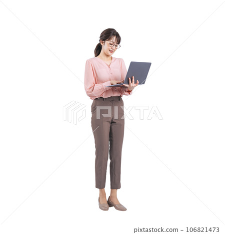 Middle-aged woman using a laptop, background transparent cutout PNG 106821473