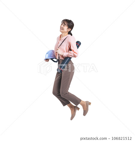 Middle-aged woman jumping with a helmet, background transparent cutout PNG 106821512