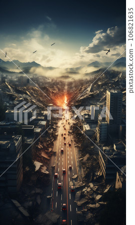 Damaged houses and road after the strong earthquake. AI generated 106821635