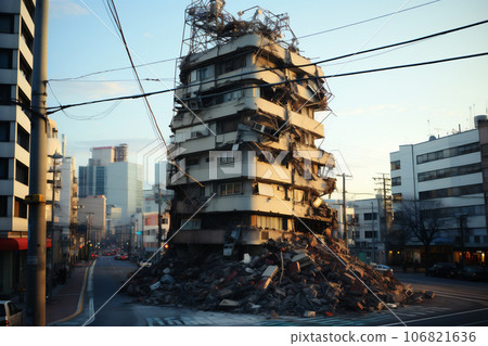 Damaged houses and road after the strong earthquake. AI generated 106821636
