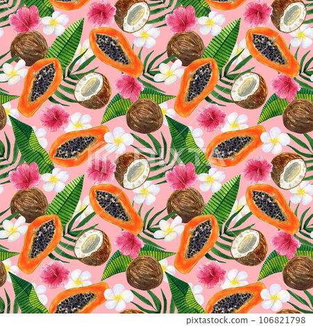 Tropical seamless background. Pattern with beautiful watercolor exotic leaves, papaya, coconut, hibiscus, plumeria. Botanical hand drawn illustration. Texture for print, textile, cosmetics, packing. Tropical seamless background. Pattern with beautiful watercolor exotic leaves, papaya, coconut, hibiscus, plumeria. Botanical hand drawn illustration. Texture for print, textile, cosmetics, packing. 106821798
