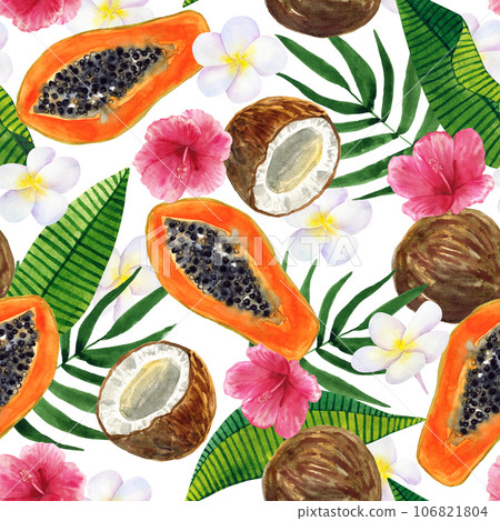Tropical seamless background. Pattern with beautiful watercolor exotic leaves, papaya, coconut, hibiscus, plumeria. Botanical hand drawn illustration. Texture for print, textile, cosmetics, packing. Tropical seamless background. Pattern with beautiful watercolor exotic leaves, papaya, coconut, hibiscus, plumeria. Botanical hand drawn illustration. Texture for print, textile, cosmetics, packing. 106821804