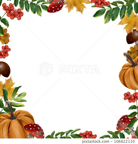 Autumn square frame. Vector illustration with pumpkin, mushrooms, leaves, rowan. Design element for greeting cards, invitations, autumn banners. Autumn square frame. Vector illustration with pumpkin, mushrooms, leaves, rowan. Design element for greeting cards, invitations, autumn banners. 106822110