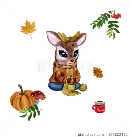 Cartoon deer in a warm sweater, pumpkin, mushroom, rowan. Vector illustration on an autumn theme. Greeting cards, invitations, autumn banners, flyers. Cartoon deer in a warm sweater, pumpkin, mushroom, rowan. Vector illustration on an autumn theme. Greeting cards, invitations, autumn banners, flyers. 106822111