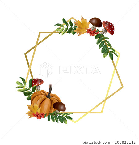 Autumn golden geometric frame. Vector illustration with pumpkin, mushrooms, leaves. Design element for greeting cards, invitations, autumn banners. Autumn golden geometric frame. Vector illustration with pumpkin, mushrooms, leaves. Design element for greeting cards, invitations, autumn banners. 106822112