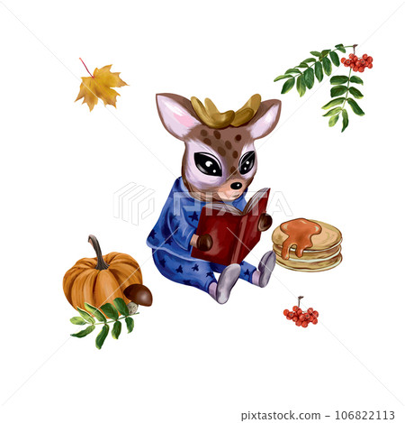 Cartoon deer reading a book, pumpkin, mushroom, rowan, pancakes. Vector illustration for autumn coziness. Greeting cards, invitations, banners, flyers Cartoon deer reading a book, pumpkin, mushroom, rowan, pancakes. Vector illustration for autumn coziness. Greeting cards, invitations, banners, flyers 106822113