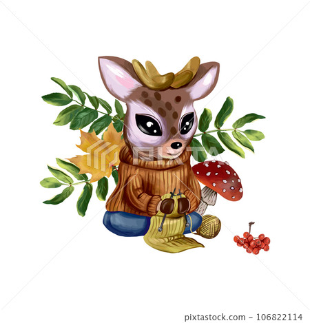 Cartoon deer in a sweater, knitting scarf, mushroom, rowan, maple leaf. Vector illustration for autumn coziness. Greeting cards, invitations, banners. 106822114