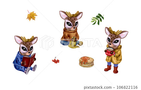 Cartoon fawns in clothes, set with leaves. Vector illustration for autumn coziness. Greeting cards, invitations, seasonal banners, flyers. 106822116