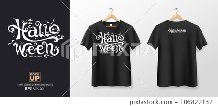Black t shirt front and back mockup collections, halloween text design template Black t shirt front and back mockup collections, halloween text design template 106822132