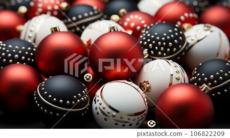 Beautiful different Christmas tree toys, new year decoration, copy space, postcard Beautiful different Christmas tree toys, new year decoration, copy space, postcard 106822209