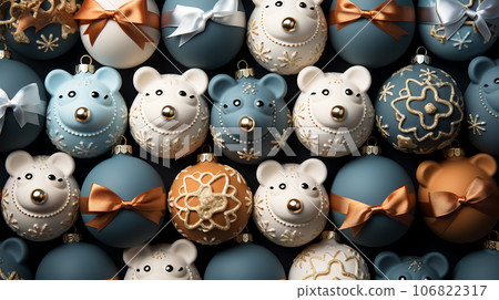 Beautiful different Christmas tree toys, new year decoration, copy space, postcard Beautiful different Christmas tree toys, new year decoration, copy space, postcard 106822317