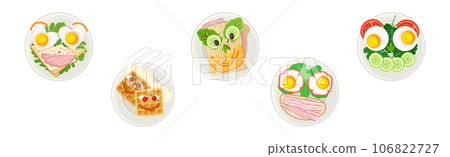 Food for Breakfast for Kids with Served on Plate Top View Vector Set Food for Breakfast for Kids with Served on Plate Top View Vector Set 106822727
