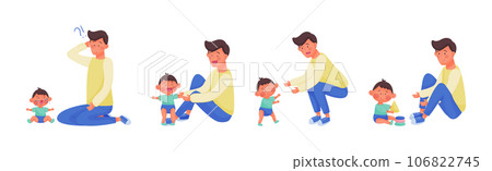 Man Daddy Caring for His Little Son Boy Vector Set 106822745