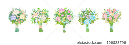 Flower Bouquet and Bunch with Green Leafy Branches Vector Set Flower Bouquet and Bunch with Green Leafy Branches Vector Set 106822796