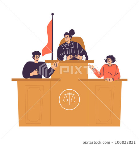 Litigation with Woman Judge Character at Desk in Courtroom Engaged in Settlement Vector Illustration 106822821
