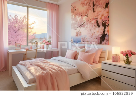 Pink and White Modern Bedroom with Cherry Blossoms. 106822859
